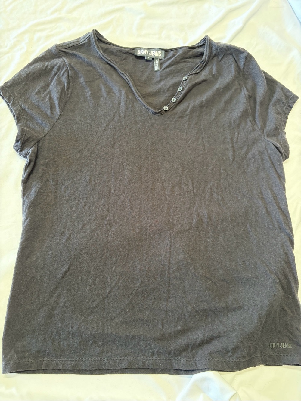 DKNY Jeans Gray Slub Knit Henley Tee Women’s Large Short Sleeve Casual